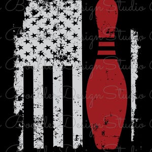 May include: A graphic design on a black background featuring a distressed white American flag with stars and stripes on the left side, and a solid red bowling pin positioned vertically on the right side, with a distressed white vertical stripe.