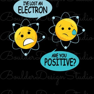 Peut inclure: Un design graphique sur fond noir représentant deux émojis jaunes en forme d'atomes. Un émoji a une expression inquiète avec une bulle disant I'VE LOST AN ELECTRON. L'autre émoji a l'air triste avec une larme bleue et une bulle disant ARE YOU POSITIVE?