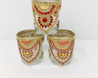 Rhinestone Votive Holder Set: Diwali Wedding Favor with LED Candle