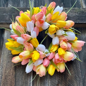 Mini Tulip wreath, Mini spring/ summer wreath, Valentines Day wreath, candle ring wreath, Mothers Day gift, Easter centerpiece Peach yellow white