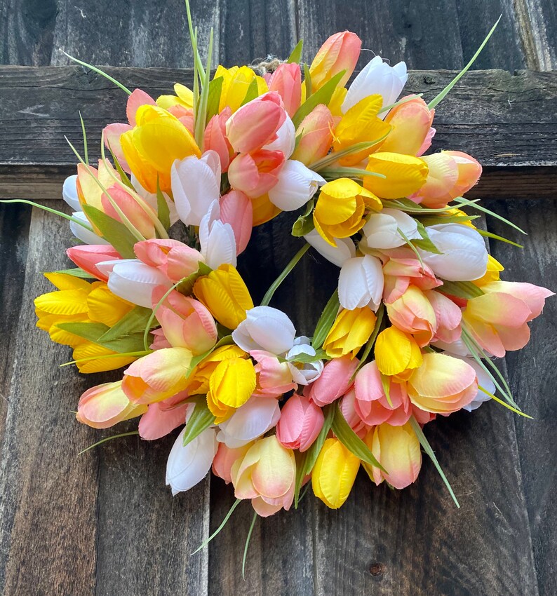 Mini Tulip wreath, Mini spring/ summer wreath, Valentines Day wreath, candle ring wreath, Mothers Day gift, Easter centerpiece Peach yellow white