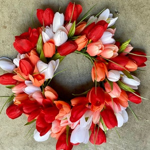 Mini Tulip wreath, Mini spring/ summer wreath, Valentines Day wreath, candle ring wreath, Mothers Day gift, Easter centerpiece Coral red white