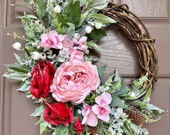 Winter Valentine’s Day wreath/ Valentine’s Day wreath with snowy pink cherry blossoms/ pink blossom eucalyptus wreath