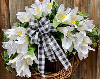 Easter Lily Wreath: Farmhouse Rustic Door Decor with Buffalo Check Bow