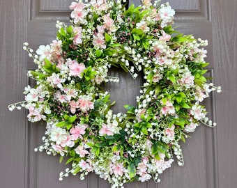 Spring floral wreath with cherry blossom, Lily of the valley & baby’s breath/ pink white floral wreath/ spring wreath for front door