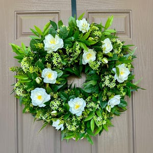White Rose Wreath: Spring Summer Greenery Door Decor