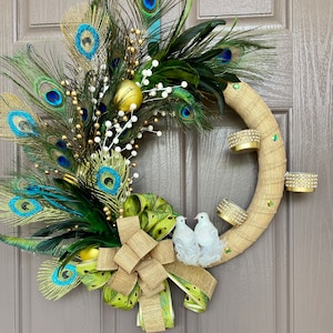 Peacock Feather Wreath with Votive Holders: Diwali Christmas Decor Green ribbon