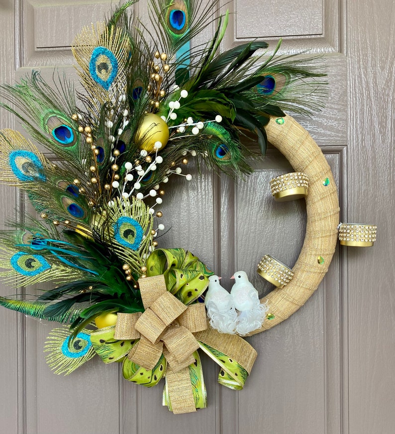 Peacock Feather Wreath with Votive Holders: Diwali Christmas Decor Green ribbon