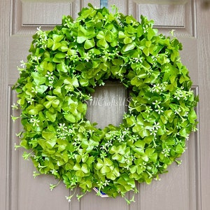 Shamrock Wreath with White Flowers, St. Patrick's Day Clover Decor