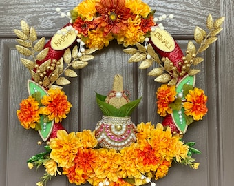 Diwali Wreath: Handmade Festive Floral Decor with Shubh Kalash