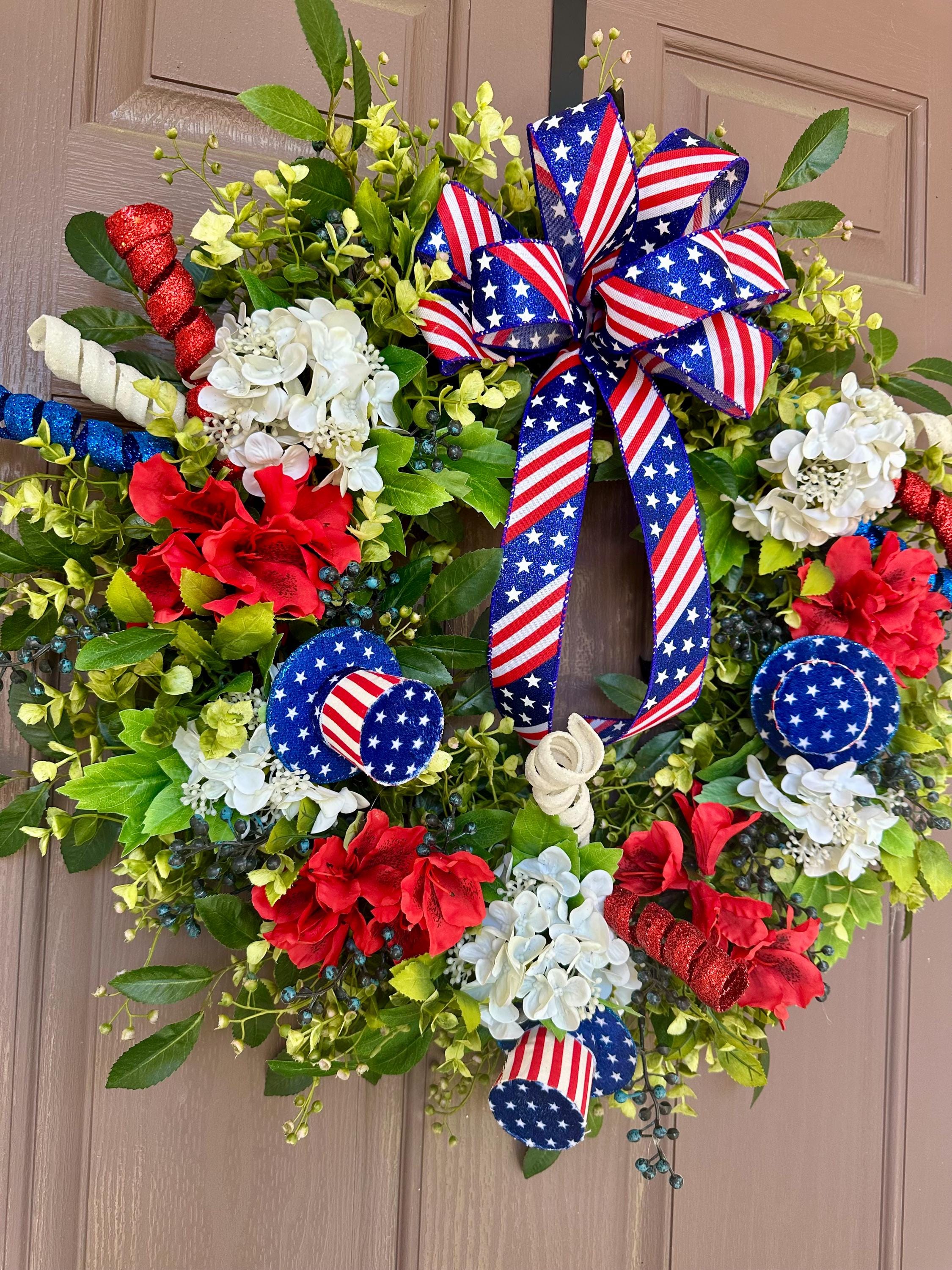 Patriotic Floral Wreath: Red, White & Blue 4th of July Door Decor - Etsy