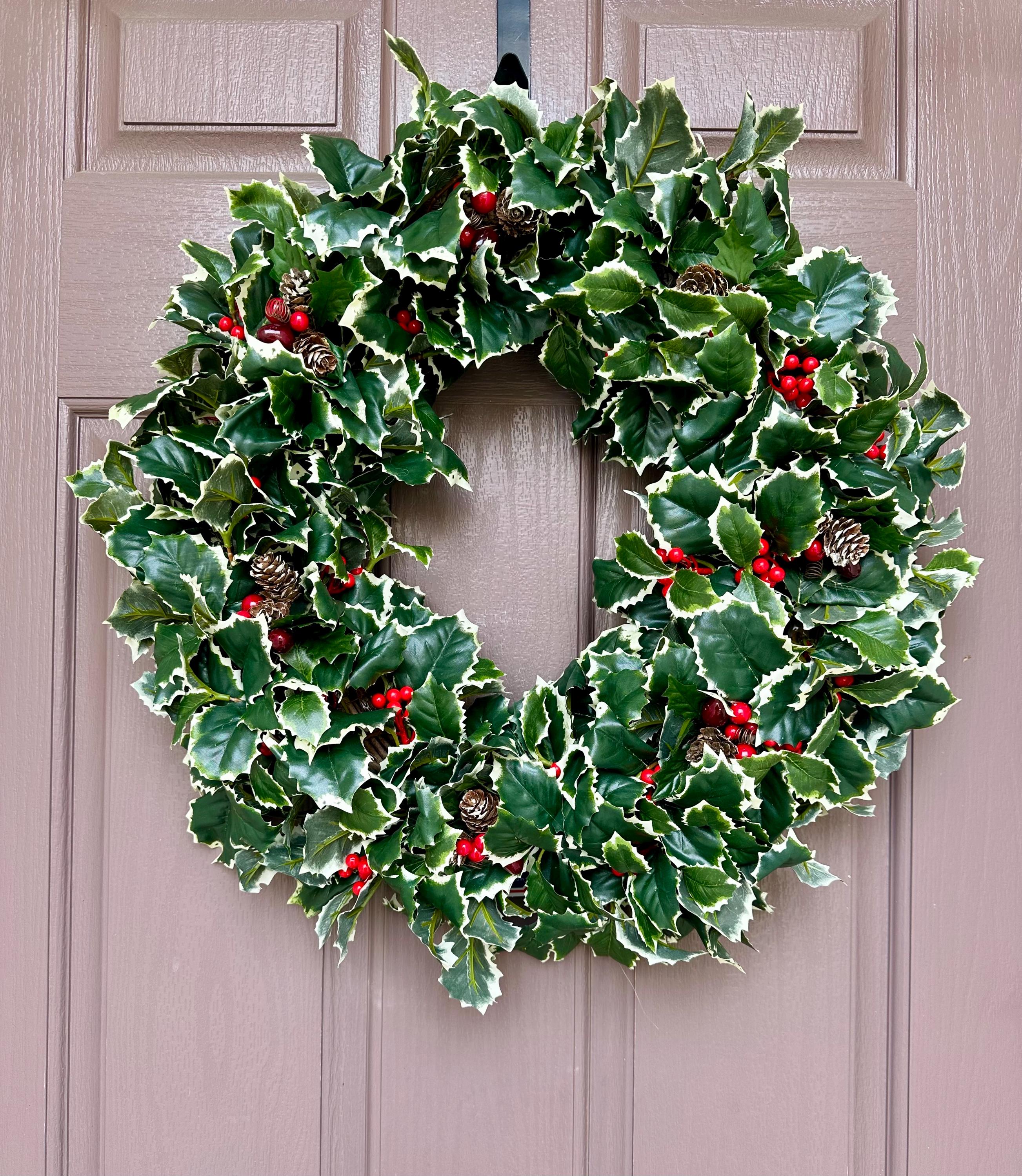 Holly Wreath/ Christmas Holly Wreath With Berries and Pinecones