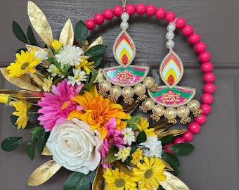 Diwali Beaded Hoop Wreath with Diya: Floral Door Decor
