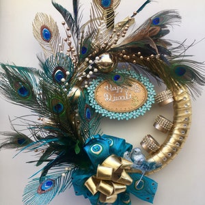 Peacock Feather Wreath with Votive Holders: Diwali Christmas Decor Blue ribbon