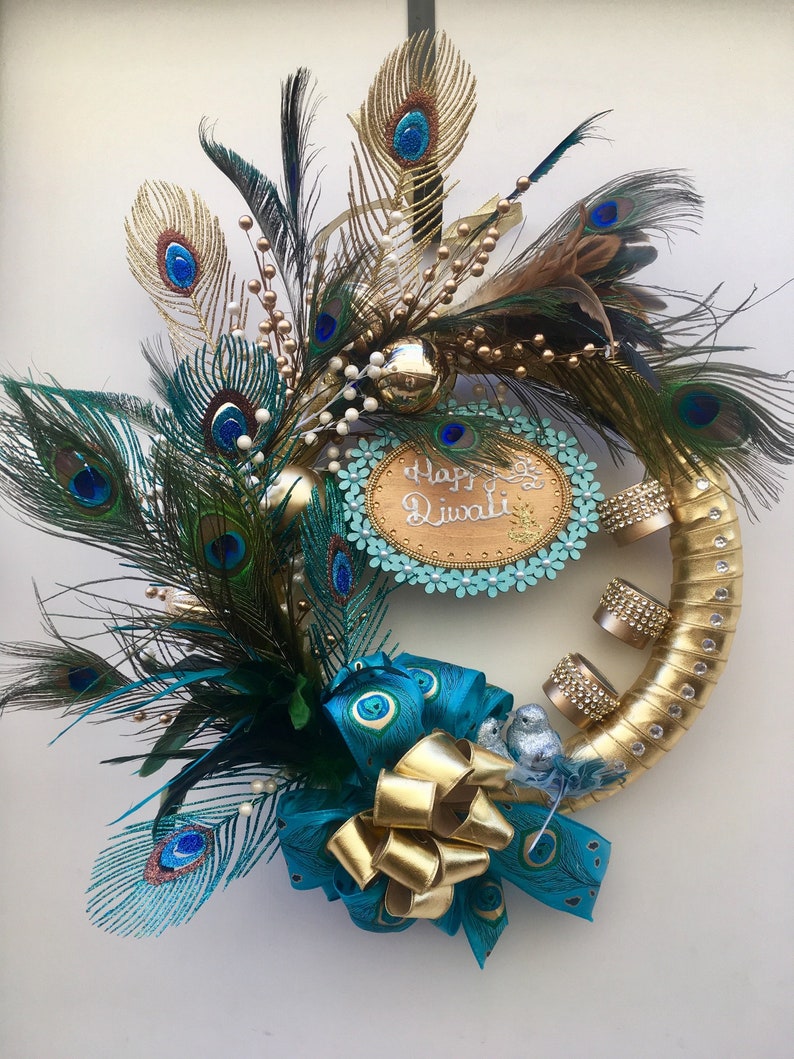 Peacock Feather Wreath with Votive Holders: Diwali Christmas Decor Blue ribbon