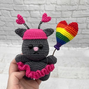 Pattern Only Crochet Valentine Cat With Heart Hat and Heart Balloon Pride Non-Binary Rainbow