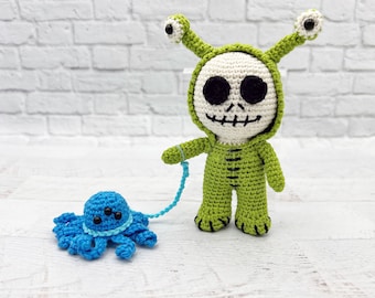 Pattern Only Skeleton Dressed as Cute Alien With Space Octopus, Amigurumi Pattern, Digital Download only