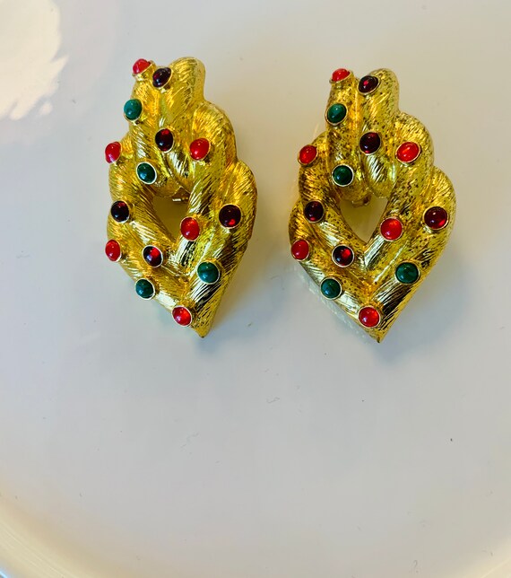 Vintage 1980's multi stone gold door knocker earri