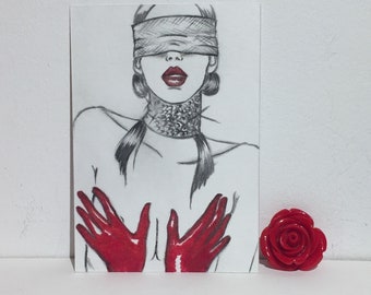 ACEO original trading card, collectible cards,3.5*2.5 inches, dollhouse illustration. Title" ASHA". Erotic illustration black red & white