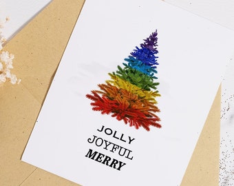 JOLLY, JOYFUL, MERRY Rainbow Tree Card, 12 cards and 12 envelopes, Folded Card Set