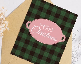 Merry Christmas Note Cards, 12 cards and 12 envelopes, Pink and Green, Green Buffalo Plaid, Folded Card Set, Free Shipping