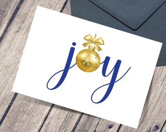 JOY Holiday Note Cards, 12 cards and 12 envelopes, Blue and Gold, Folded Card Set