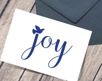 JOY Holiday Note Cards, 12 cards and 12 envelopes, Blue and White, Folded Card Set, Greeting Cards