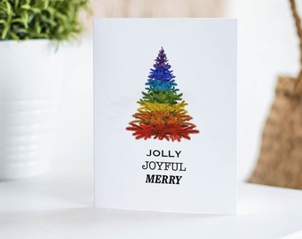 JOLLY, JOYFUL, MERRY Rainbow Tree Card, A2 Folded Card with Envelope, Single Card, Free Shipping