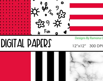 Digital Paper - Printable - Red, White and Black Pattern Paper - 6 Designs - Instant Download - Marble Paper, Handdrawn Printable,