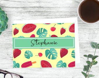 Personalized Summer Note Cards and Envelopes Stationery Set, Watermelon, Strawberries and Leaves