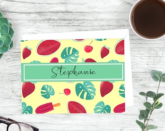 Personalized Summer Note Cards and Envelopes Stationery Set, Watermelon, Strawberries and Leaves