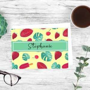 Personalized Summer Note Cards and Envelopes Stationery Set, Watermelon, Strawberries and Leaves