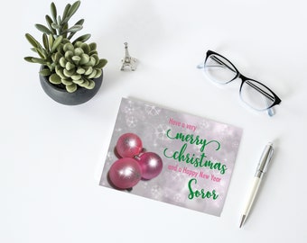 Pink and Green, Merry Christmas and Happy New Year Soror Folded Card Set, Holiday Cards, Set of 12, A2 Cards, Free Shipping