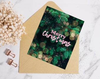 Pink and Green Merry Christmas Card - Blank Holiday Card - A2 Card - Pink and Green Holiday Card