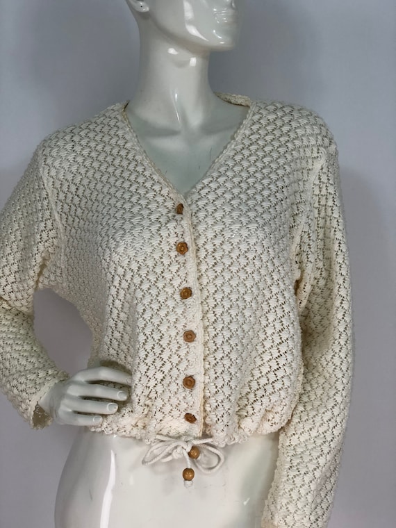 90s crocheted top/cotton crochet top/cream cotton… - image 1