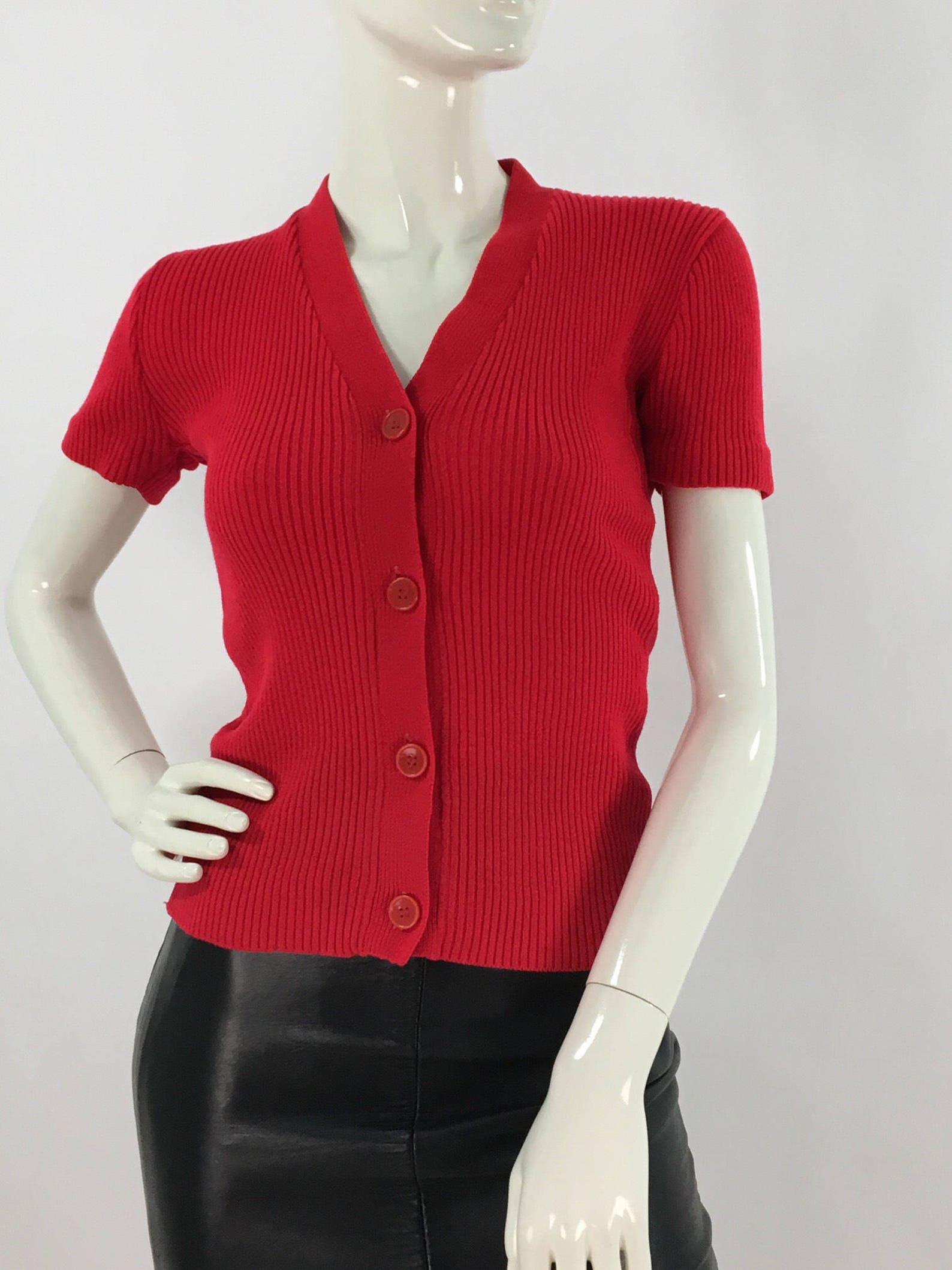 Vintage Red Knit Sweater/short Sleeve Ribbed Etsy