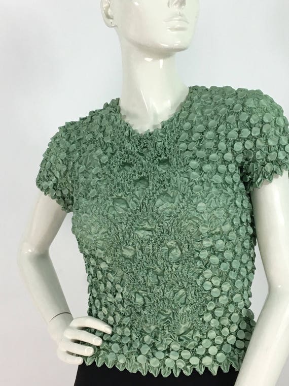 Vintage popcorn blouse/mint green bubble top/popc… - image 3