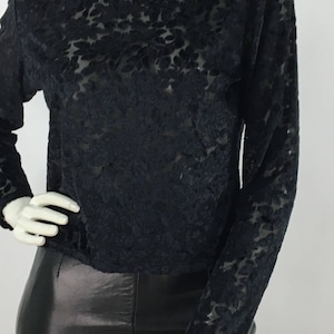 90s black blouse/1980s/1990s black sheer floral blouse/sheer floral top image 1