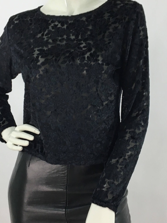 90s black blouse/1980s/1990s black sheer floral b… - image 1