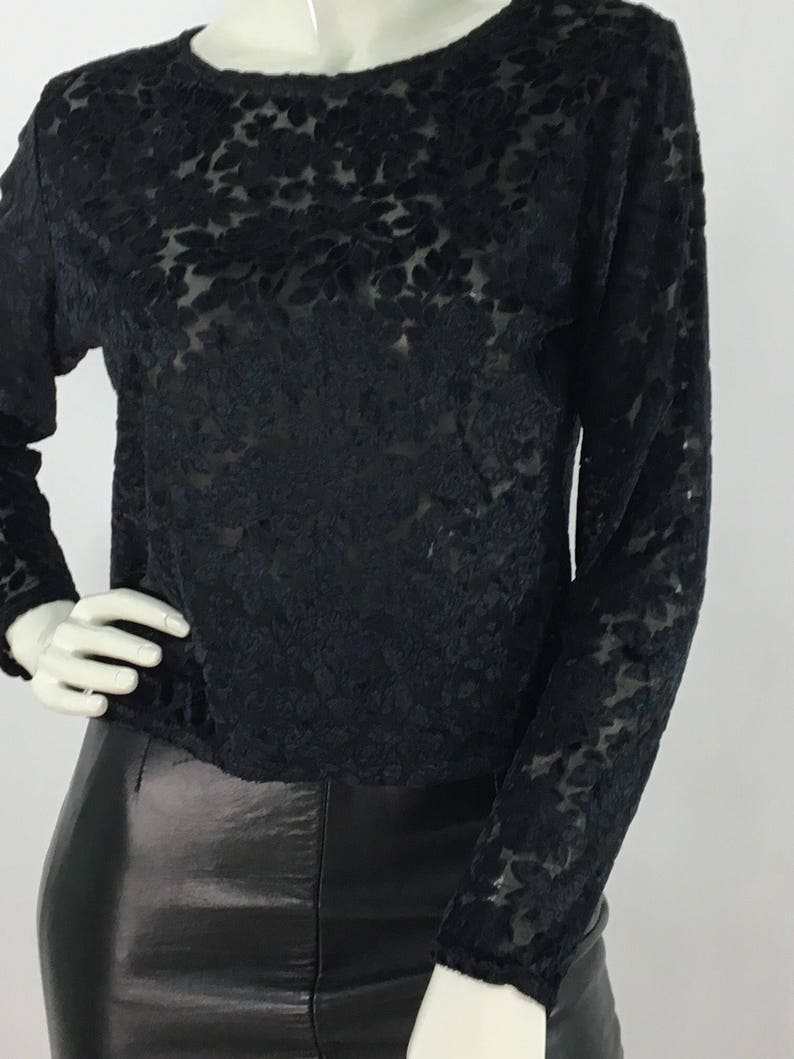 90s black blouse/1980s/1990s black sheer floral blouse/sheer floral top image 1