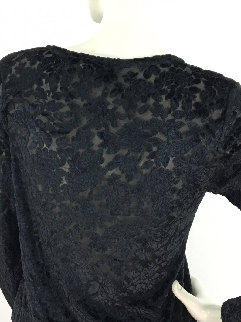 90s black blouse/1980s/1990s black sheer floral blouse/sheer floral top image 2