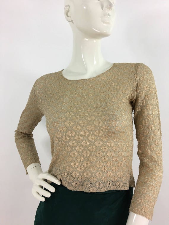 90s lace top/stretch lace top/beige lace top - image 1