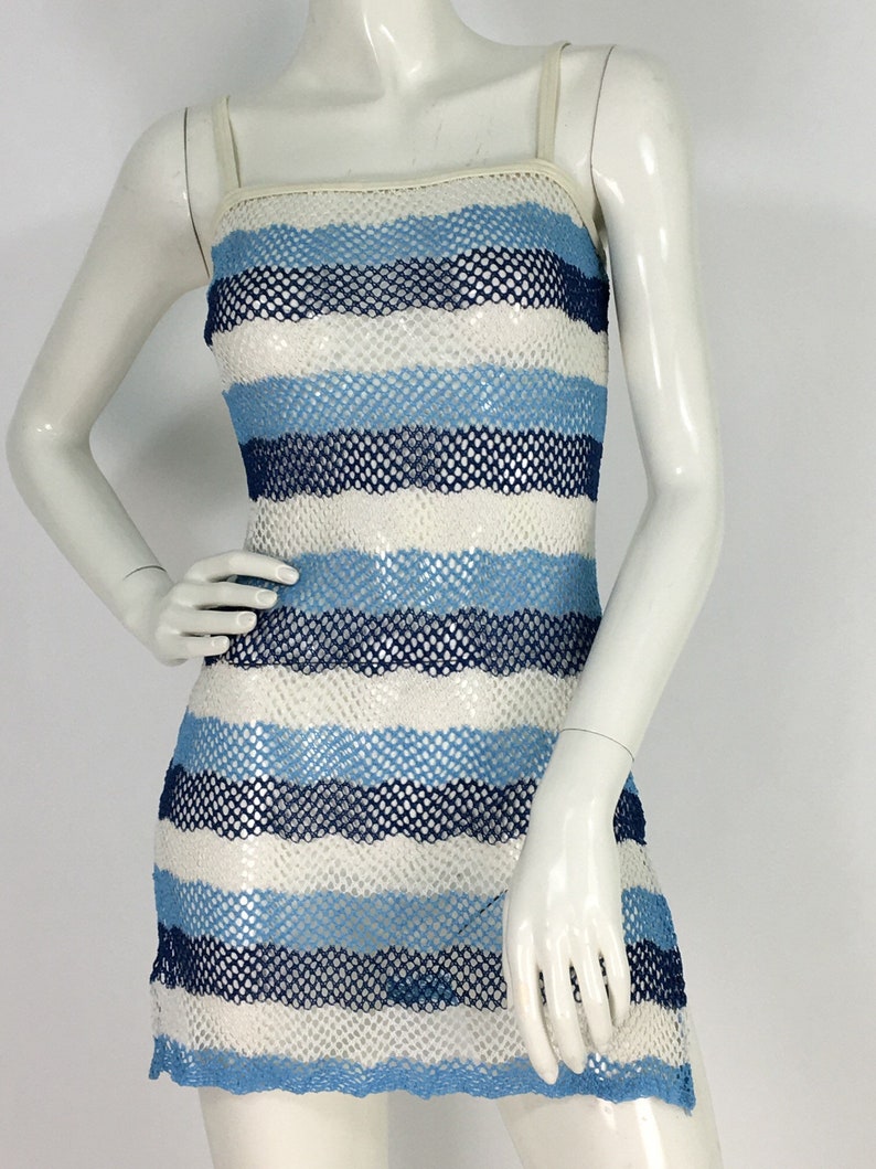 90s Beach Cover Up/mesh Beach Cover Up/blue White Beach Cover Etsy