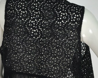 70s black lace top/black lace vest/1970s black lace crop/black lace tassel top