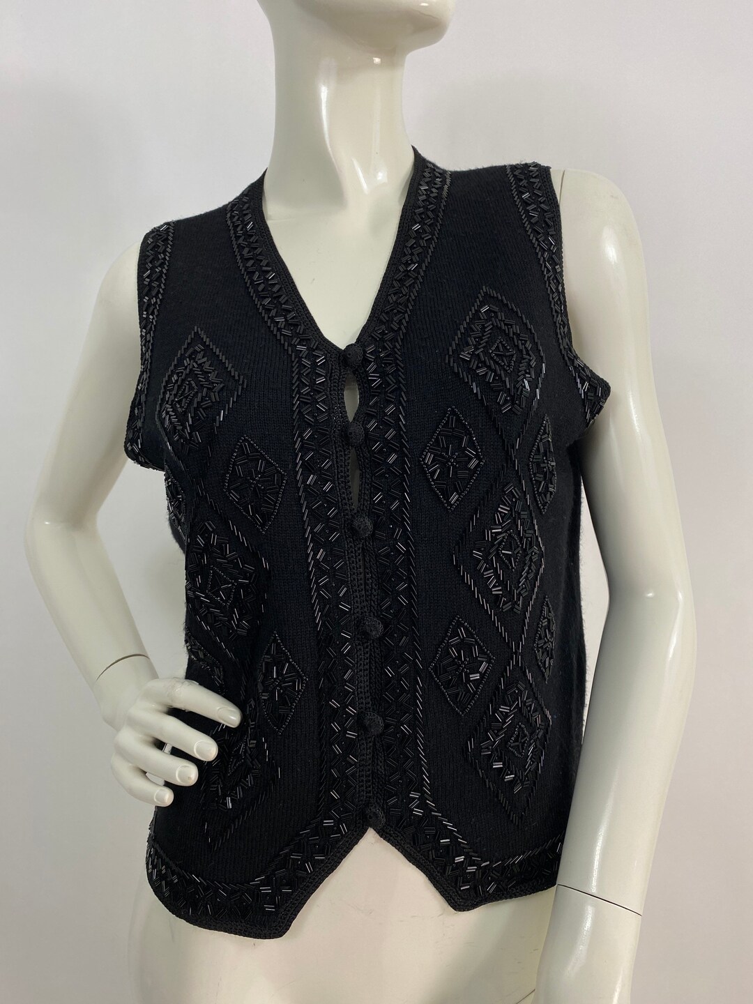 Black Sequinned Vest Vintage Beaded Vest Etsy