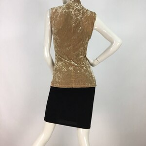 May include: A sleeveless, mock neck top made of a brown crushed velvet fabric. The top is fitted and has a slightly cropped length.