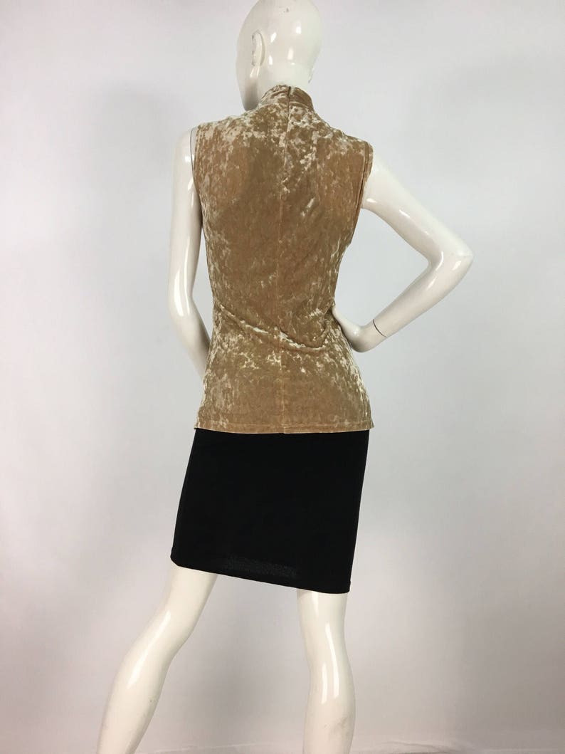May include: A sleeveless, mock neck top made of a brown crushed velvet fabric. The top is fitted and has a slightly cropped length.