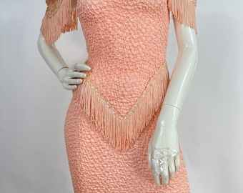 1980s coral bodycon dress, vintage tassel dress