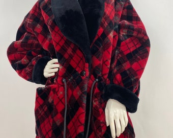 1980s faux fur plaid coat