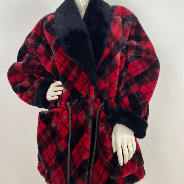 1980s faux fur plaid coat